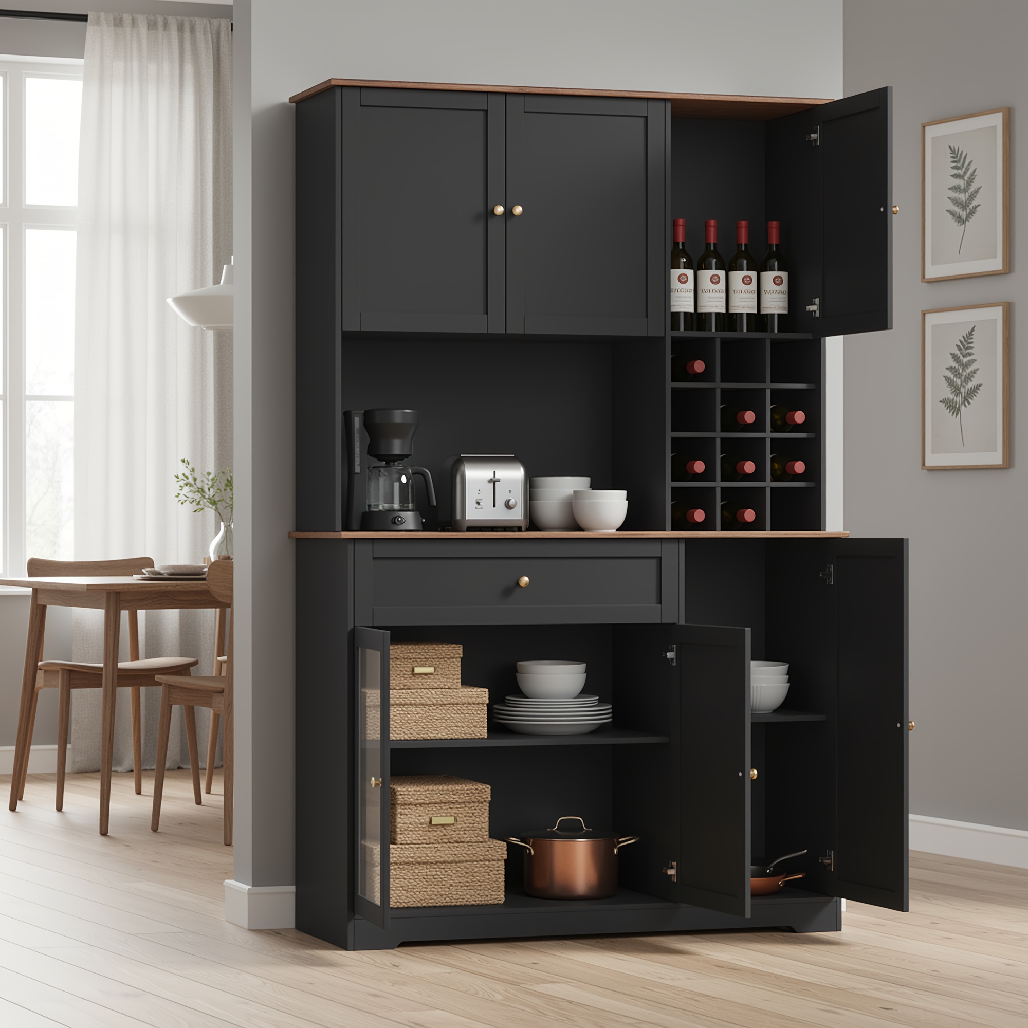 Image of Kealive 180cm Kitchen Cabinet, Tall Kitchen Sideboard With Drawers, Removable Bottle Rack, Adjustable Shelf, 6 Doors And 1 Drawer, 100x39x180cm