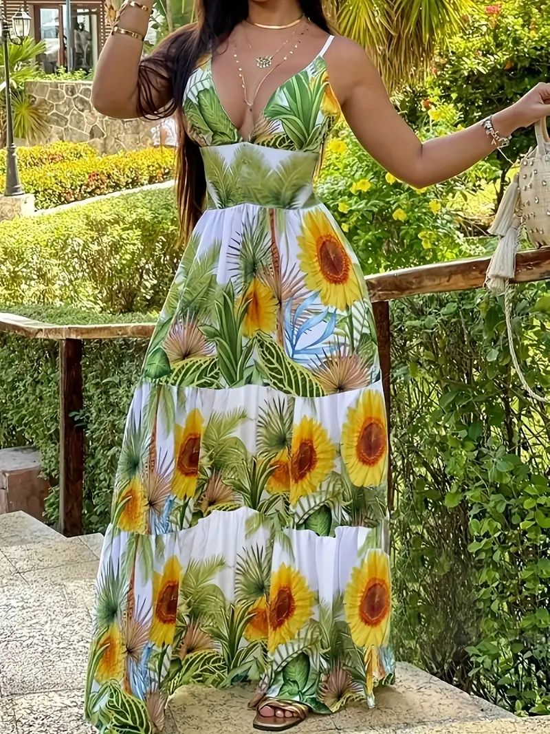 Women'S Fashion Elegant * Black Vacation Sunflower Print Stitching Cake Skirt * Fit Sling Dress Women'S Fashion Elegant * Black Vacation Sunflower Print Stitching Cake Skirt * Fit Sling Dress