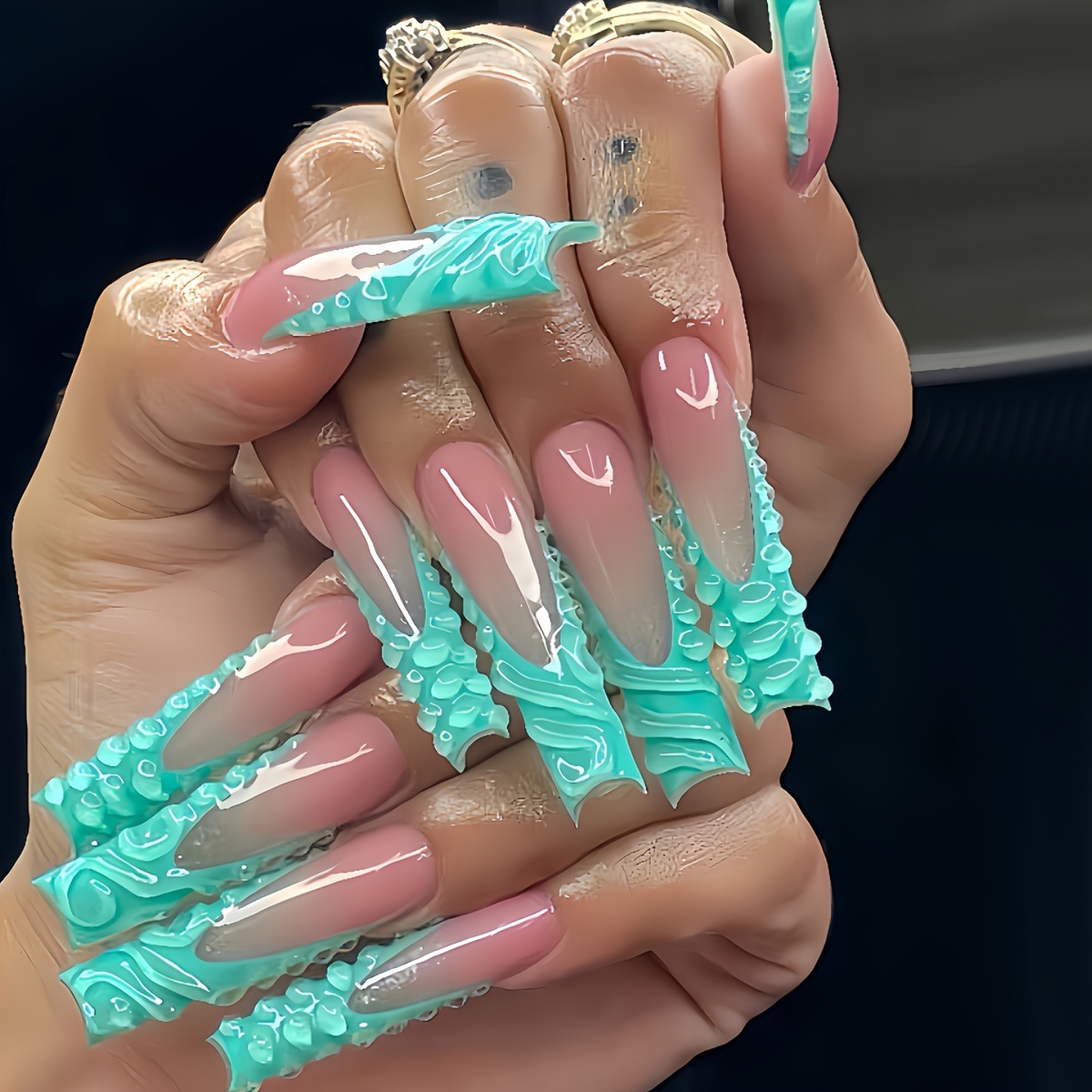 

24pcs Y2k- Gradient Press-on Nails Set - Long Coffin Shape With 3d Water Drop & Design, - Includes Jelly Adhesive & Nail File For Women And Girls