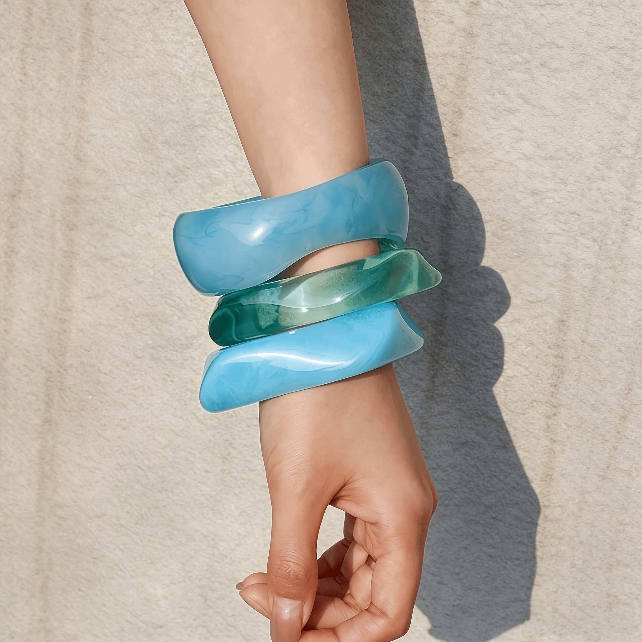 3pc Marbled Resin Chunky Wide Bangle Bracelet Set