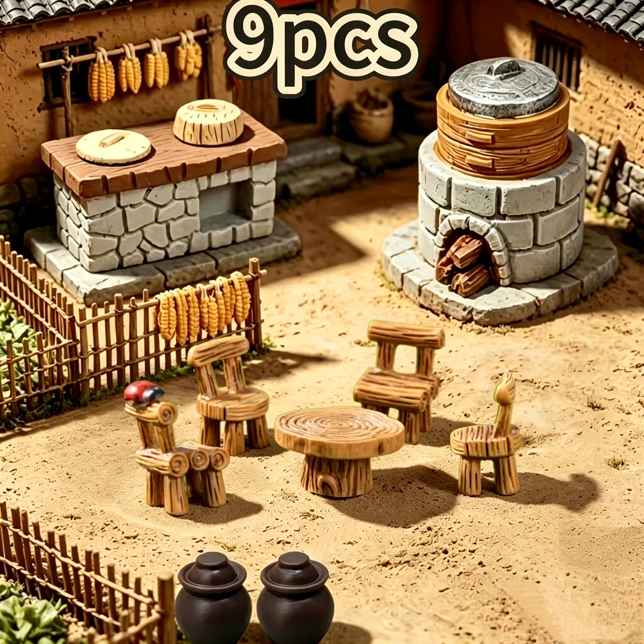 TEMU 9 piezas, Miniatura Simulación Estufa de de Resina, con Adecuaciones para el Hogar de Cocina, Diseño de Paisaje de Tren, Casa de Muñecas Micro