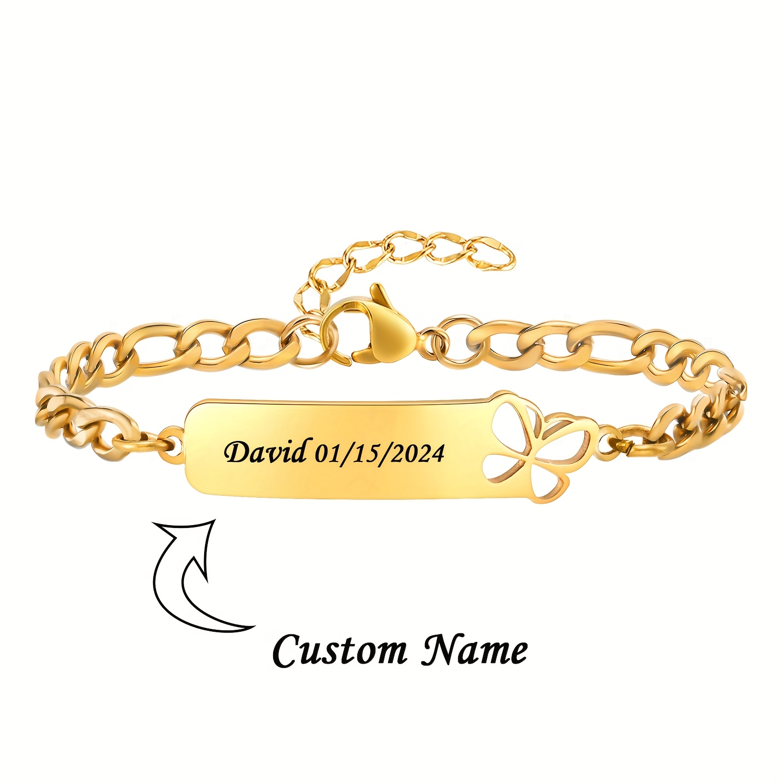 TEMU 1 Bracelet Personnalisé avec Nom, en Acier Inoxydable 202 Durable, avec un Joli Motif d' de Dessin et de Papillon. Convient aux Garçons et aux