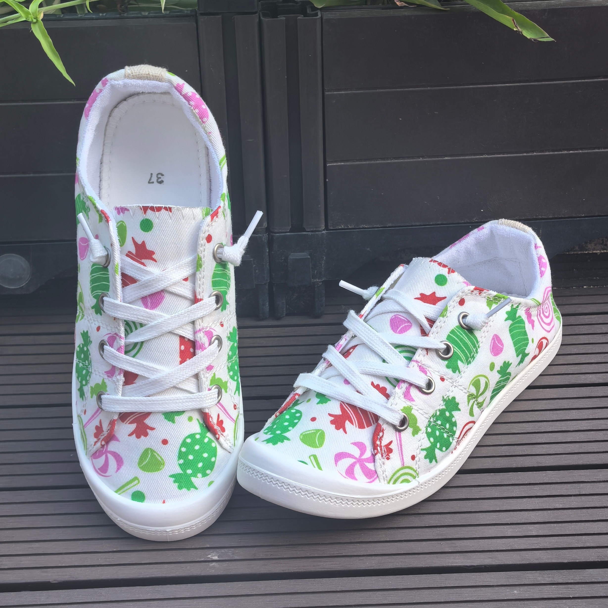 

Women's Casual Canvas Sneakers - Round Toe Fabric Shoes With Colorful Cartoon Candy Print, Comfortable Lightweight Tpr Sole, Dongguan-made, North America/european Special