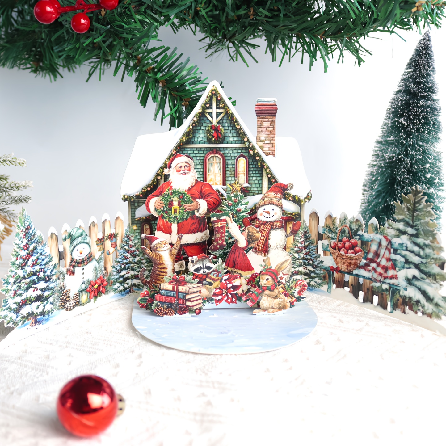 TEMU 1pc Festive Christmas Pop-up Card With Santa, Snowman, And Animal - Handmade Season Greeting Card With Envelope, Ideal For Holiday Party