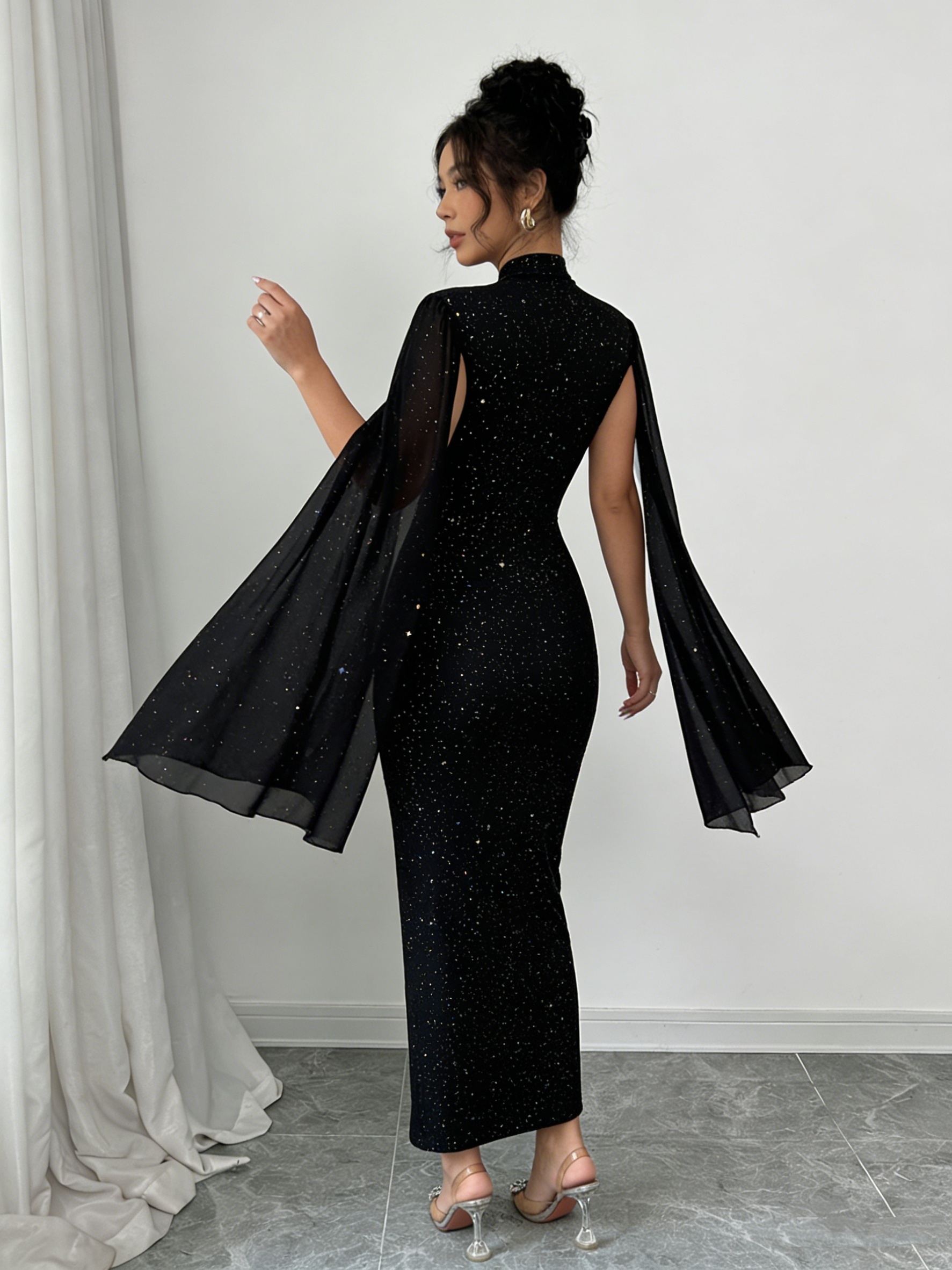 high neck star sequin dress cape shawl y2k party evening - Temu Bahrain