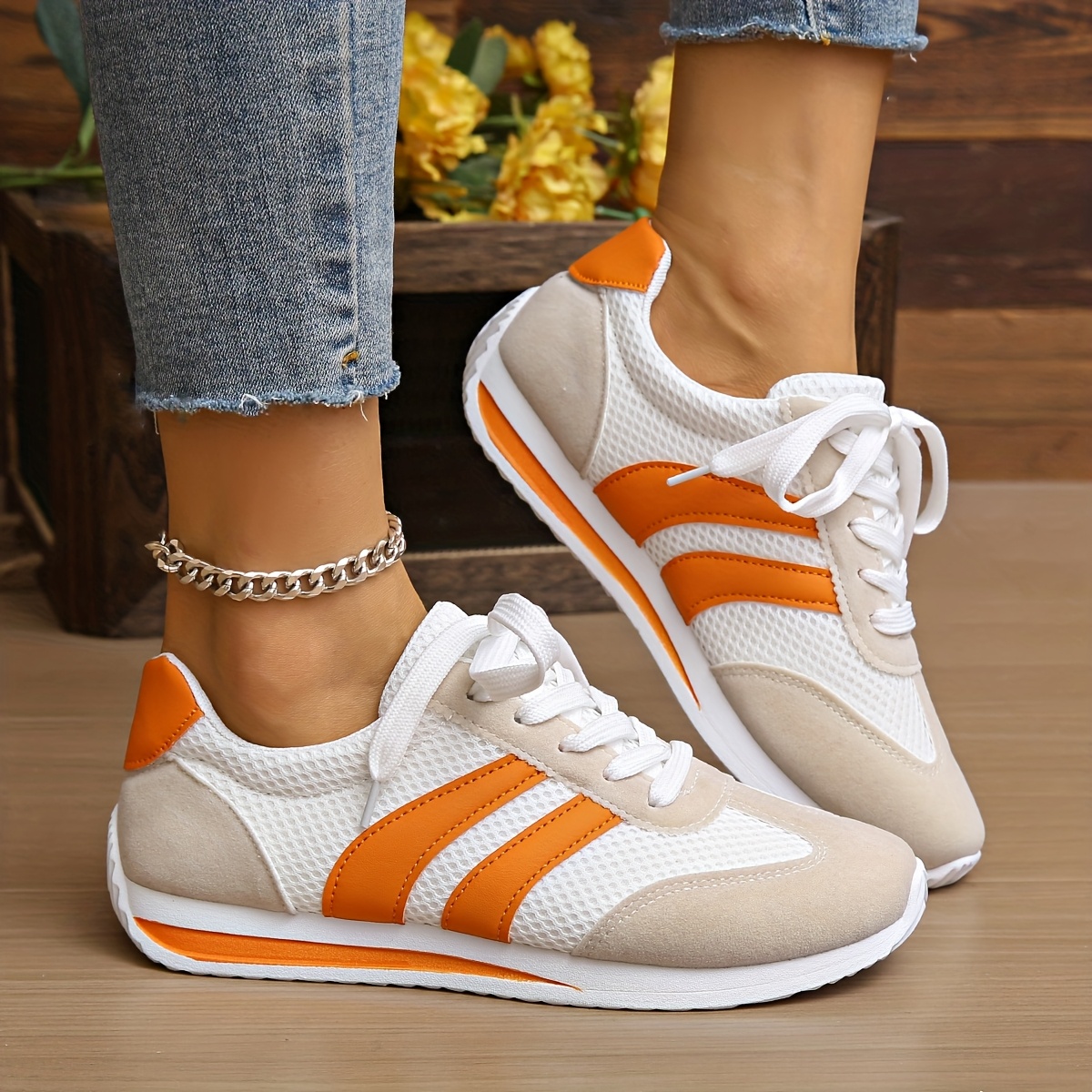 Leichte Damen-Sneaker Weiß Orange Schnürschuhe, Atmungsaktive  Sneakers für Fitnessstudio Formelle Anlässe – Ganzjahres-Gel-Einlage 