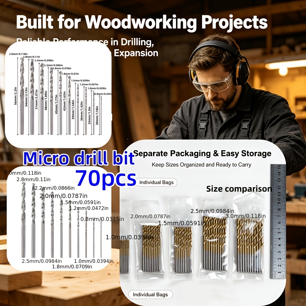 TEMU Ensemble de forets hélicoïdaux BBB recouverts / 70 pièces - Forets 0.8-3.0 - Conçus pour perceuse électrique, avec queue droite, forets à bois,