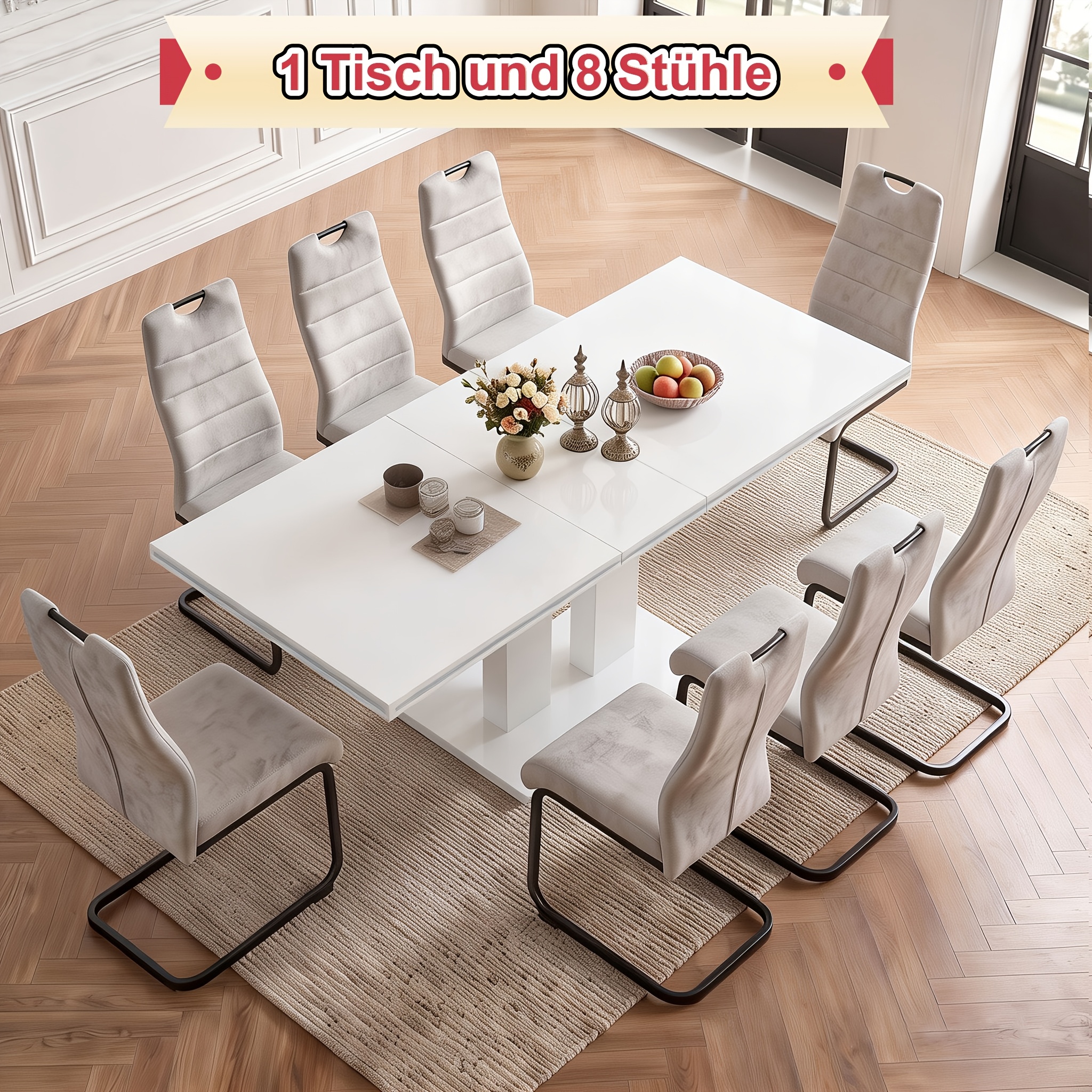 Image of 2026 New Dining Table And Chair Set, And 8 Chairs, Extendable 140-180cm Telescopic Table, High Back Chair, Golden Metal Legs, Suitable For Multiple Room Types
