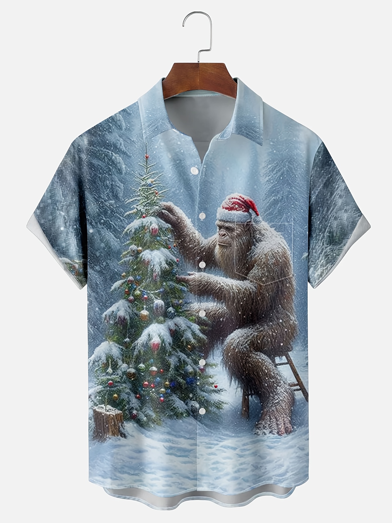mens plus size short sleeve shirt with christmas gorilla tree print and button pockets