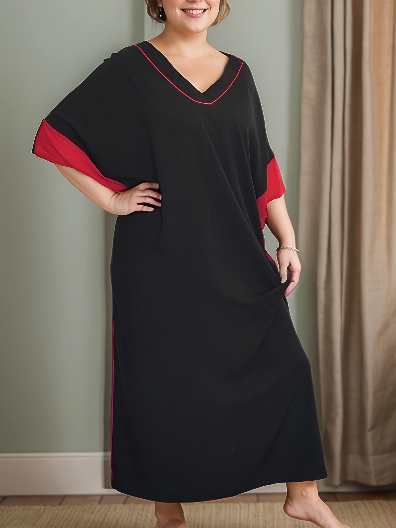 elegante plus size v hals batwing mouw robe jurk zwart met Temu