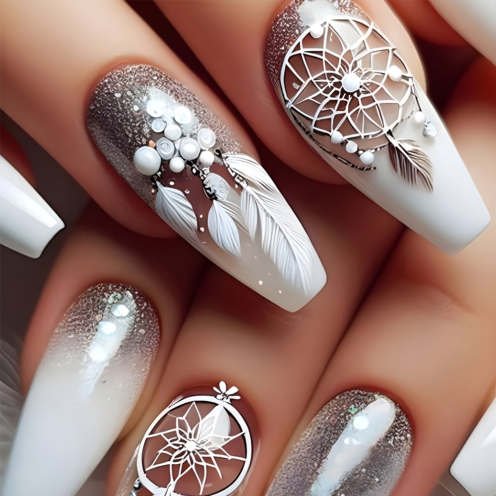 E-shop 24 Stück Glänzende Medium Sarg-Press-On-Nägel mit Weißer Blumen-Glitzer-Pulver-Muster, Künstliche Nägel, Glänzende Wiederverwendbare Falsche