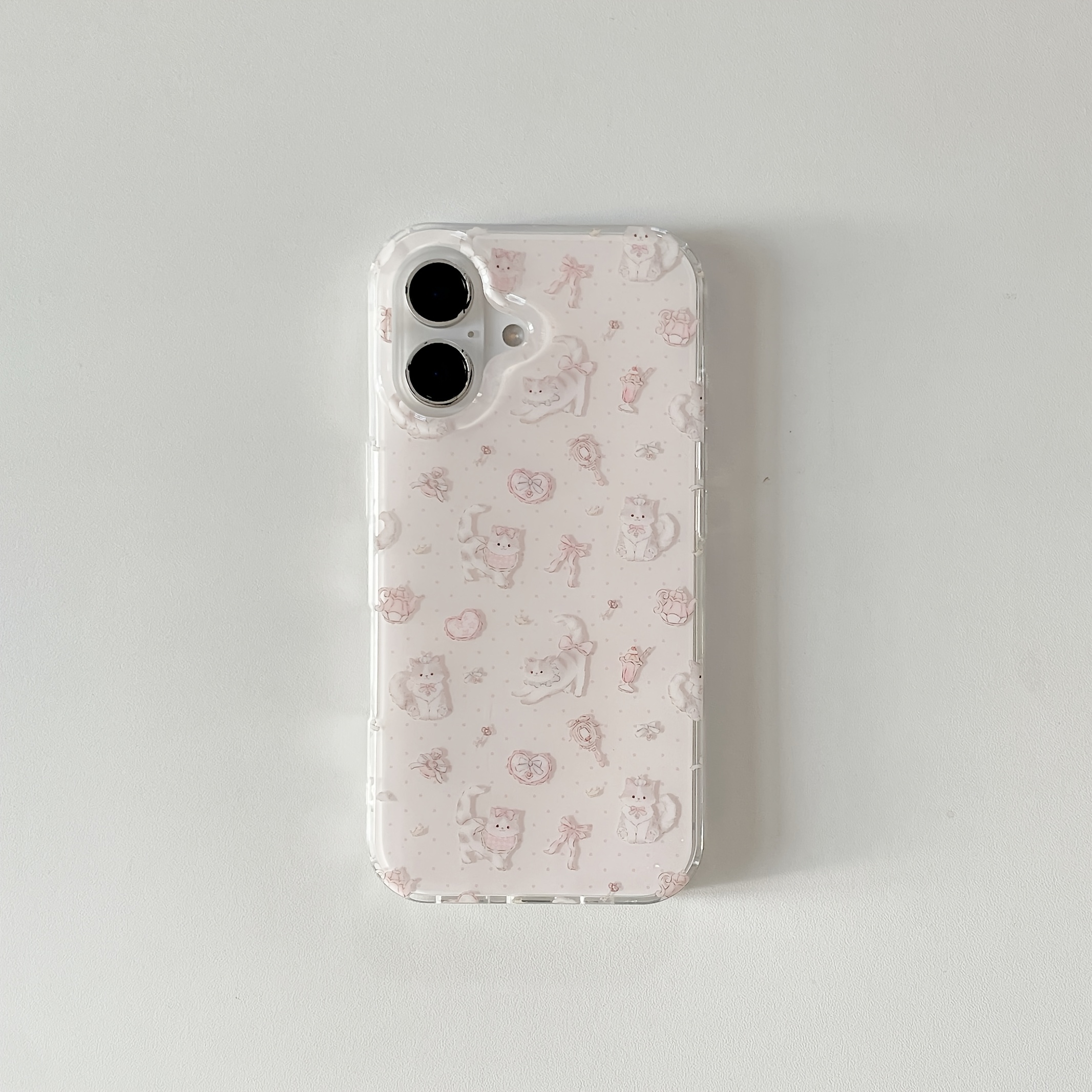 TEMU Phone Case: Light Pink Cute White Plush Cat With Pink Bow, Girly Heart Full-cover Phone Case, Suitable For 17 Pro/16/15 Pro Max/14/13