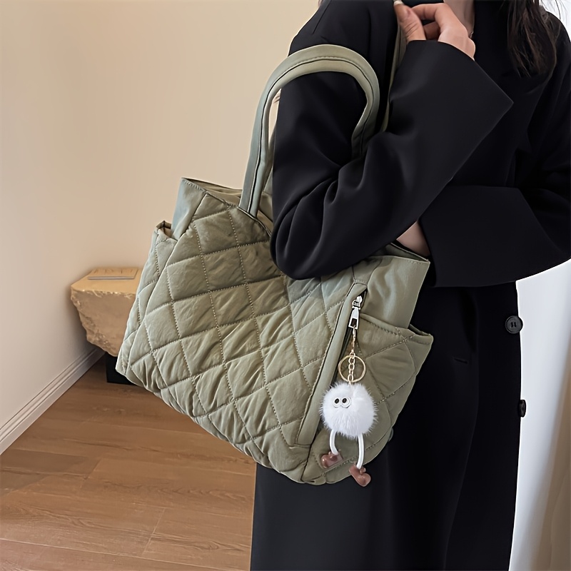 

Quilted Tote Bag For Women, Large Capacity Shoulder Bag With Zipper Closure, Versatile Fashion For Daily , Shopping, And Travel - /light Green