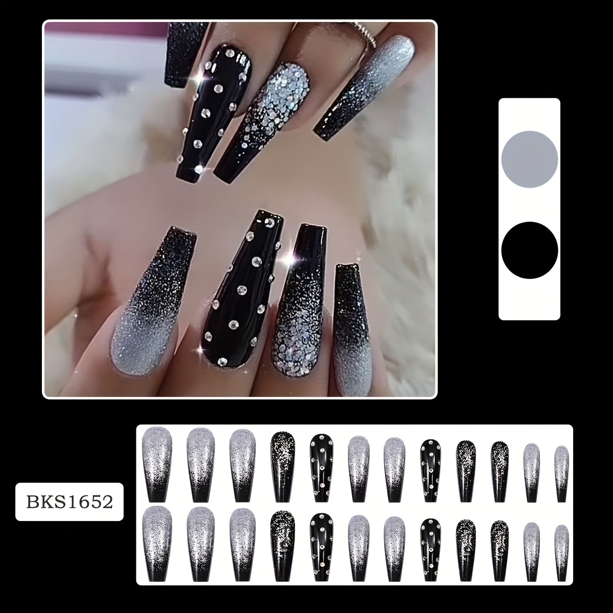 E-shop 24 Stück Weihnachten Matte Lange Ballerina Falsche Nägel Schwarz Silber Glitzer Strass Weihnachts Press on Nägel