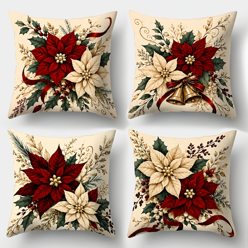 TEMU 4pcs 2d Flat, Christmas Floral Bell Printed Pillowcases, Retro Style Home Decor Cushion Covers, Gift For Family, , Zipper Closure, Suitable For