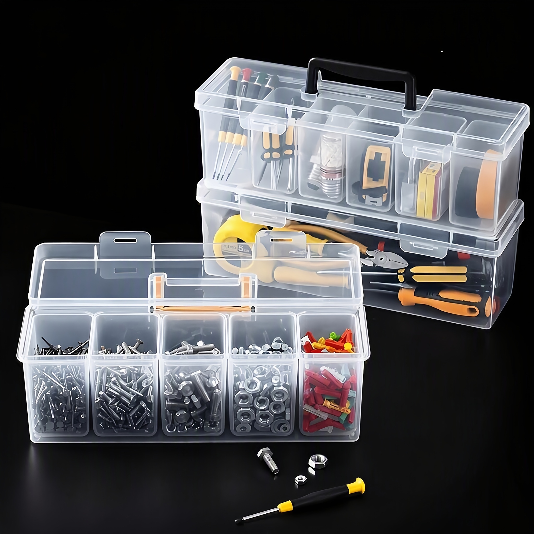 TEMU 6pcs Transparent Tool Parts Organizer With 5 Small Boxes & Large Case - Pp Plastic Multi-compartment Stackable Storage Box Suitable For Screws,