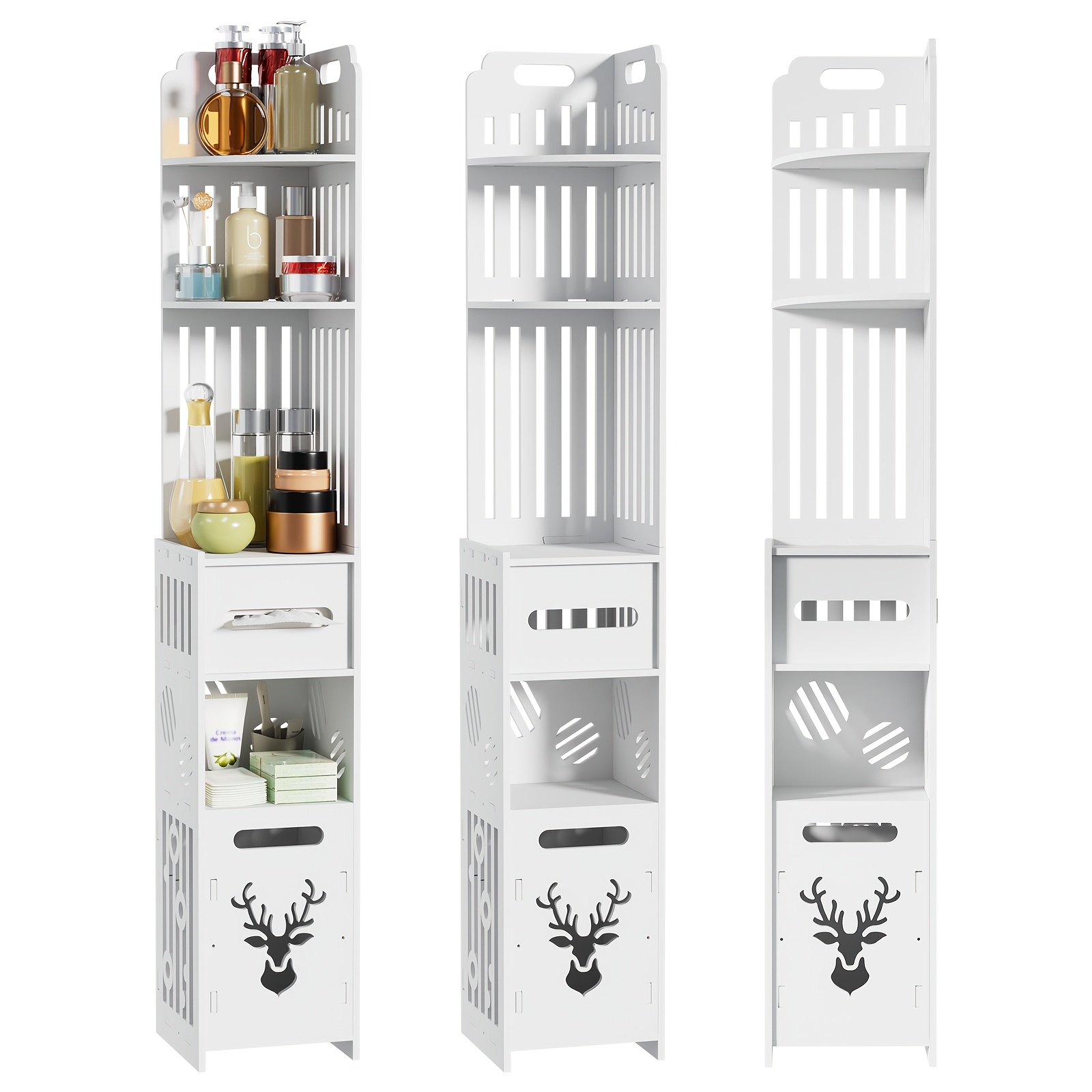 Image of Slim Bathroom Storage Cabinet, Toilet Paper Holder With Decorative Deer Design, Large-capacity Tiered Storage, Raised Safety Edges, Bathroom Organizer For Bathroom, Bedroom, Living Room, Kitchen