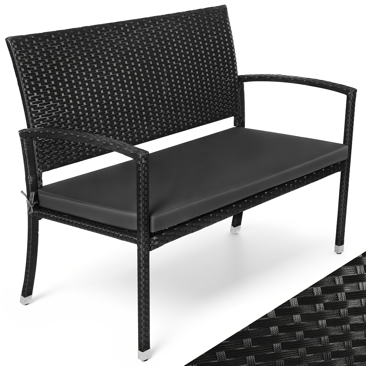 Garden Bench, Two-seater , 112 X 58 X 90cm, Outdoor Bench With A Weight Capacity Of Up To 227kg, Bench With Backrest And Armrests, Rattan-style Bench, Black
