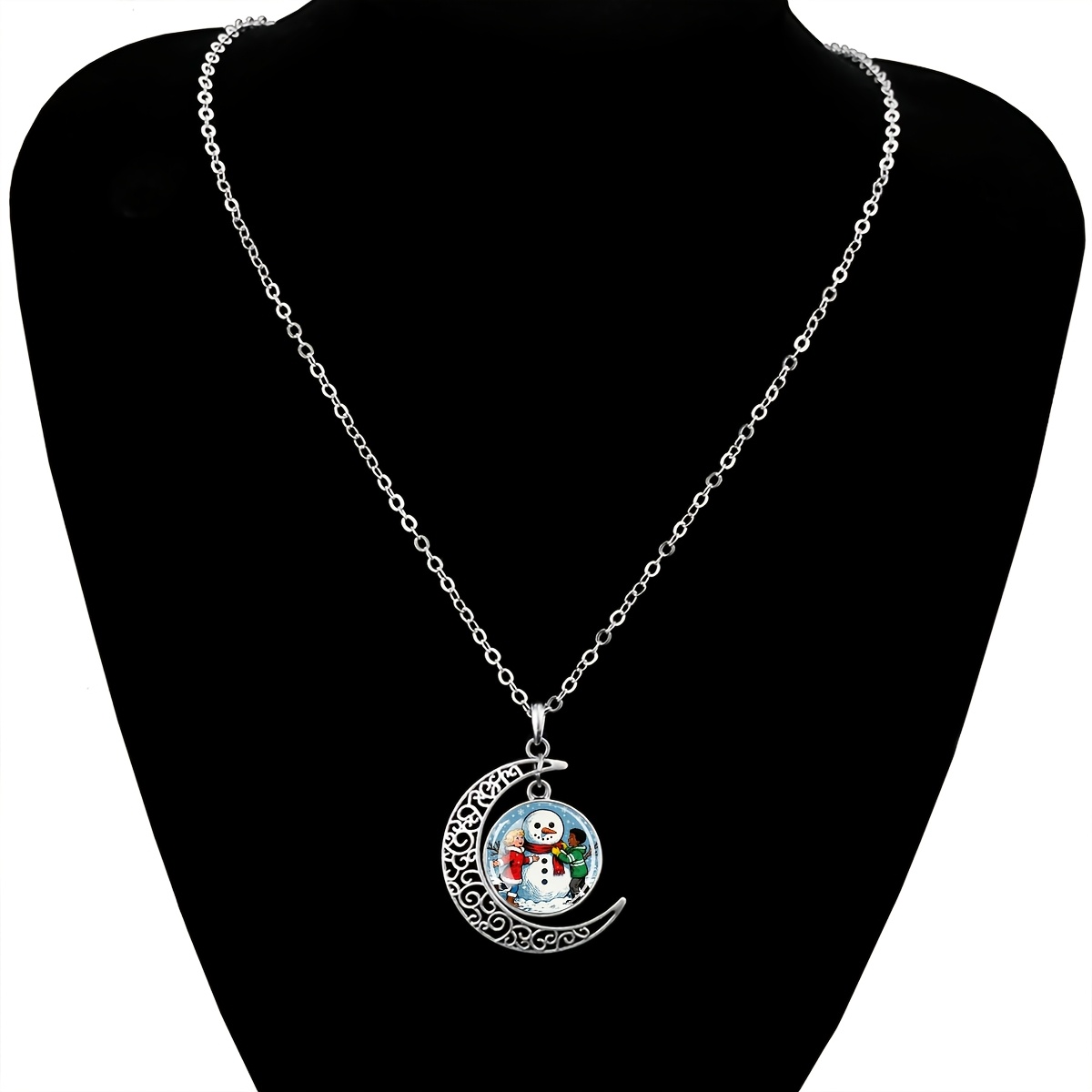 Women's Snowman Winter Scene Crescent Moon Necklace