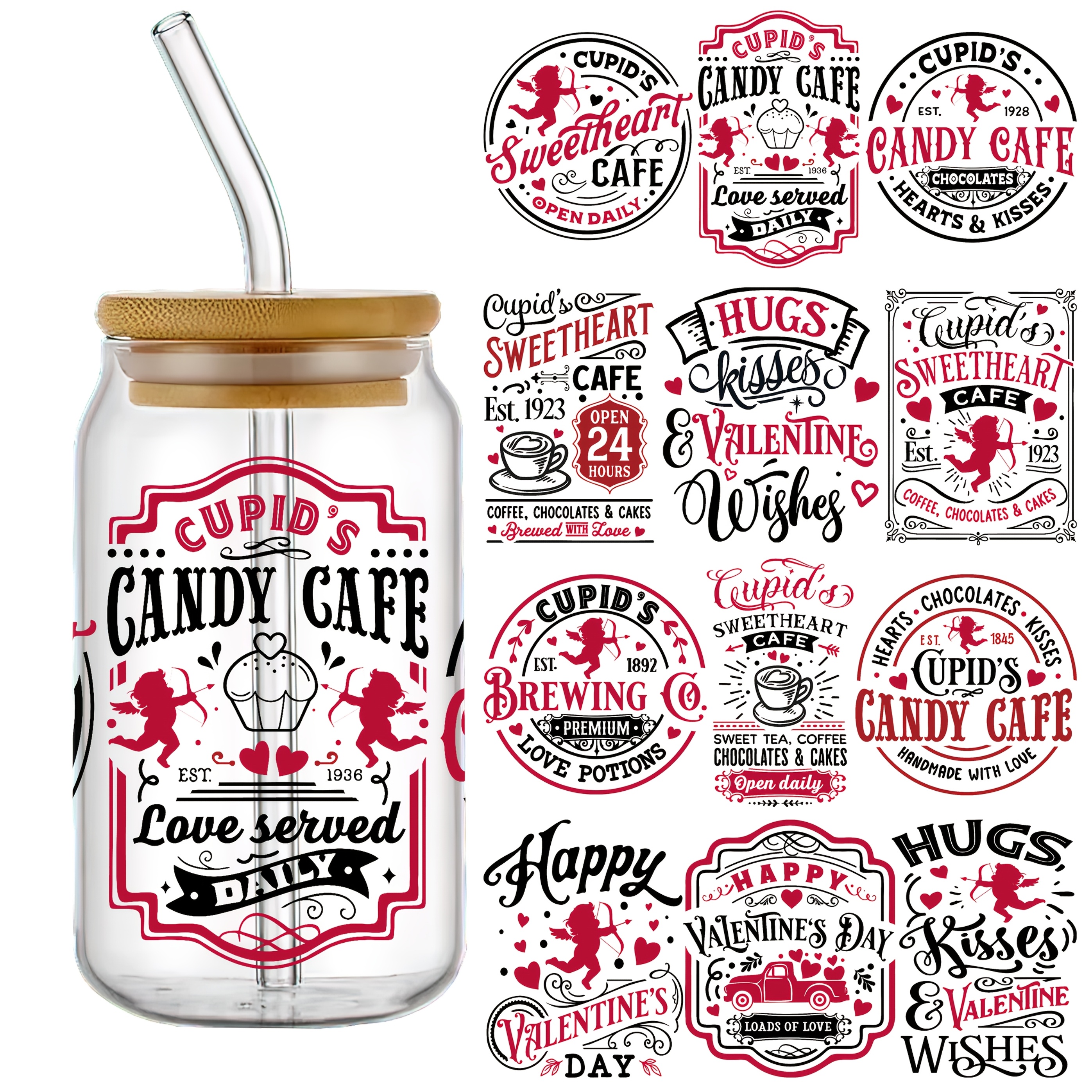 

4-pack Nnmm Valentine's Day Themed Plastic Cup Wraps, 3d Dtf Self-adhesive, Waterproof & -resistant, High-quality Decals For Tumblers & Bottles, 4.3"x9.4" Farmhouse Style Decor