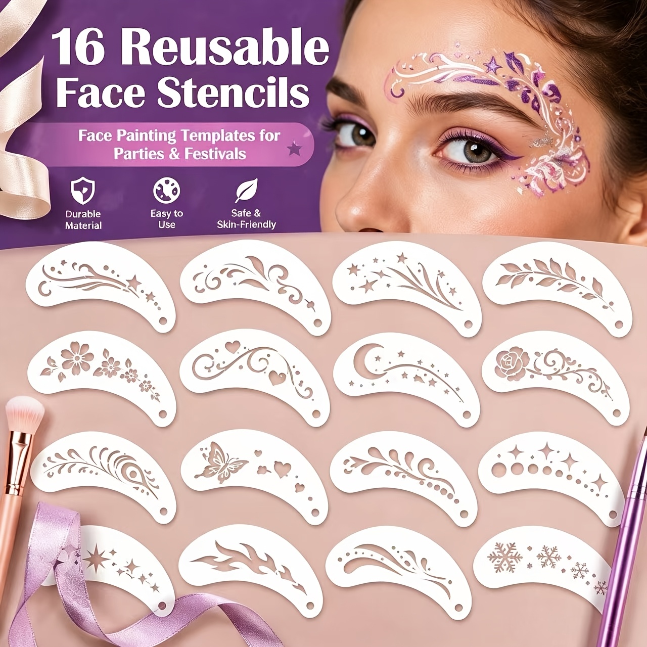 TEMU 16pcs Reusable Face And Eyebrow Painting Stencils, Hollow Out Eye Makeup Template, Temporary Tattoo Stencil For Festival Party Body Art