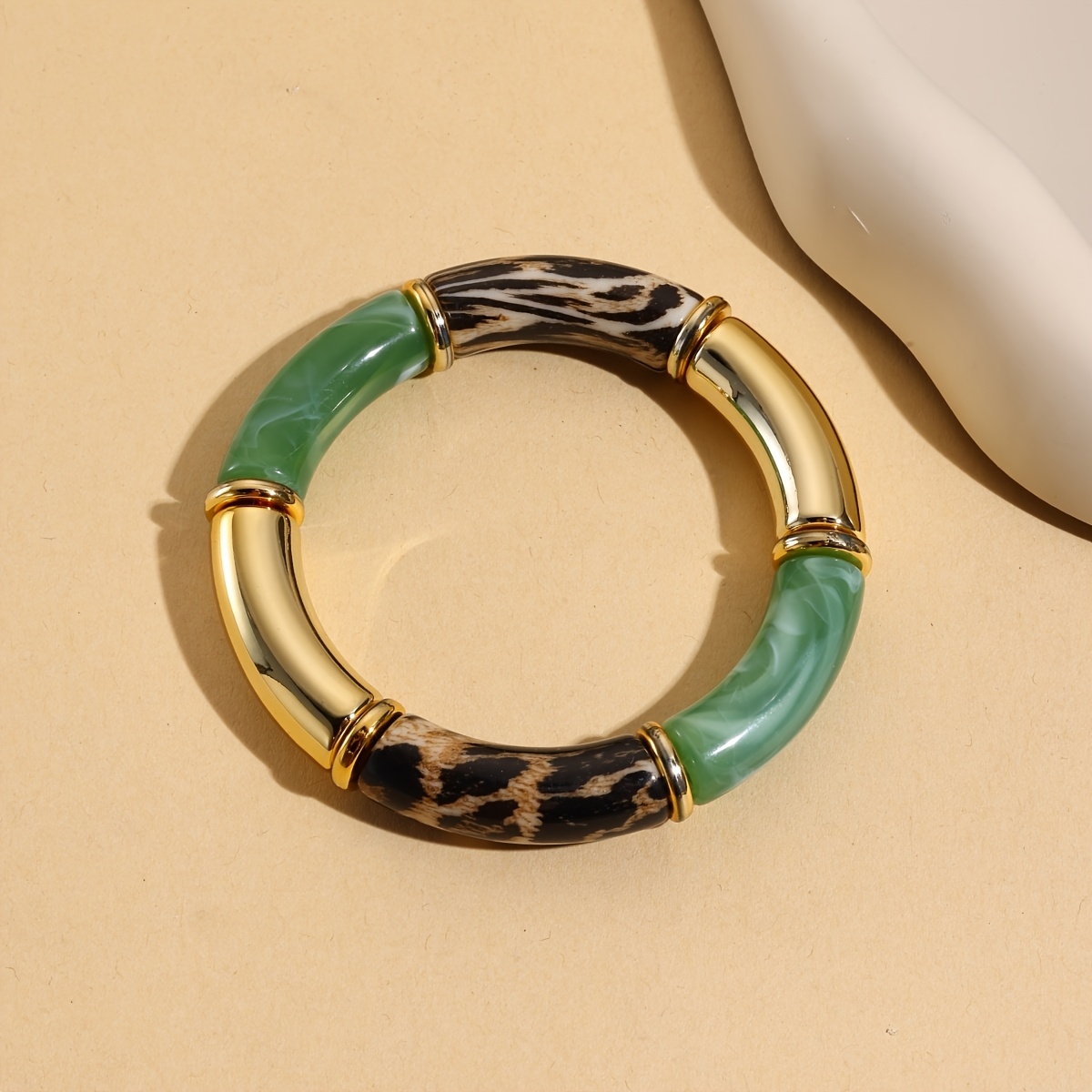 Retro Leopard Print Patchwork Elastic Bangle, Light Luxury Color-Block Arc Bracelet