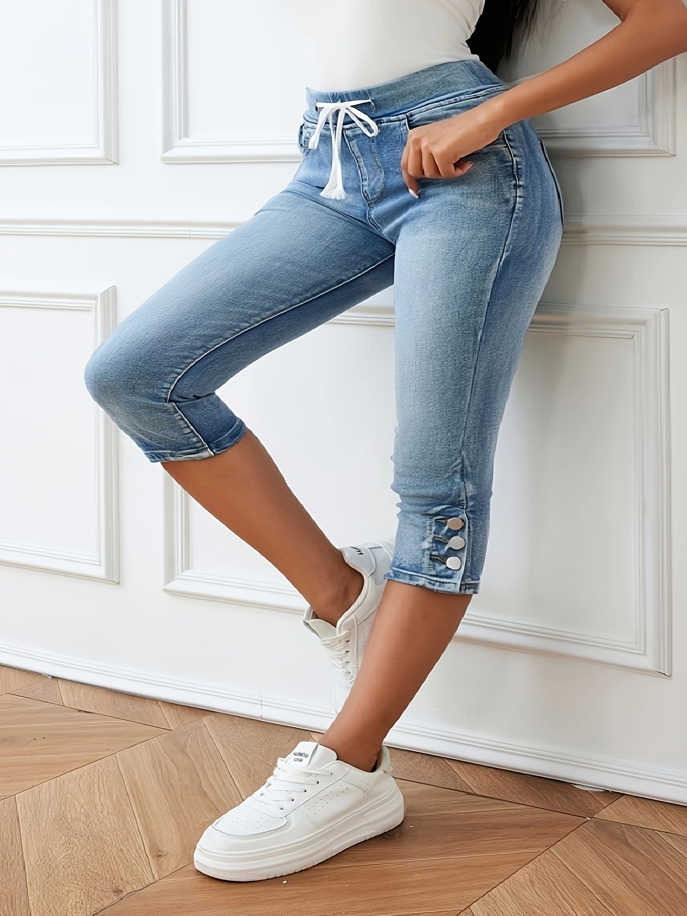 women's plus size high stretch denim capris waistband split Temu