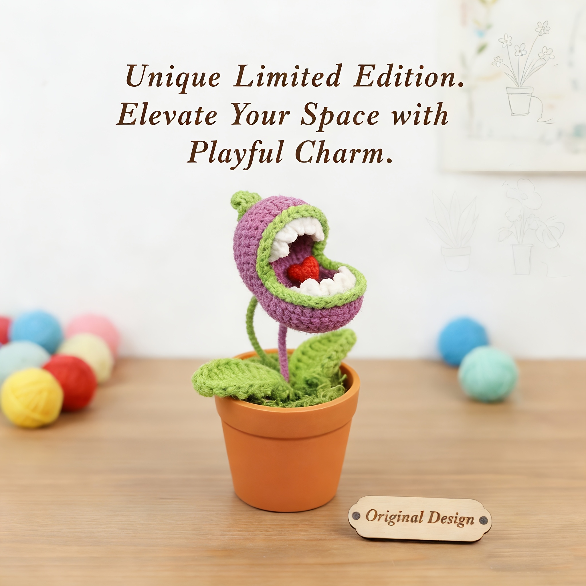 Image of 1 Knitted Carnivorous Plant Decorative Ornament, Artificial Plant, Car Accessory, Vine Potted Plant For Home And Garden, Christmas Decoration, Tabletop Decorative Ornament For Home.