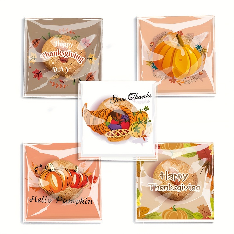 

100pcs Thanksgiving Themed Candy Packaging Bags, Cartoon Pumpkin And Harvest Design Plastic Gift Bags For Snowflake , Packaging