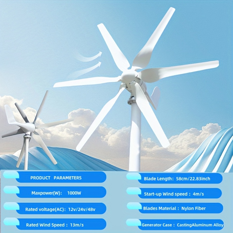 1000W Horizontal Axis Wind Turbine with Flange Kit, 6-Blade Design, Wind Turbine Generator Assembly, Three Options Available, High Efficiency Power Generation, Low Startup Wind Speed, Suitable for Emergency Use, Home DIY, RV, Wind-Solar Hybrid