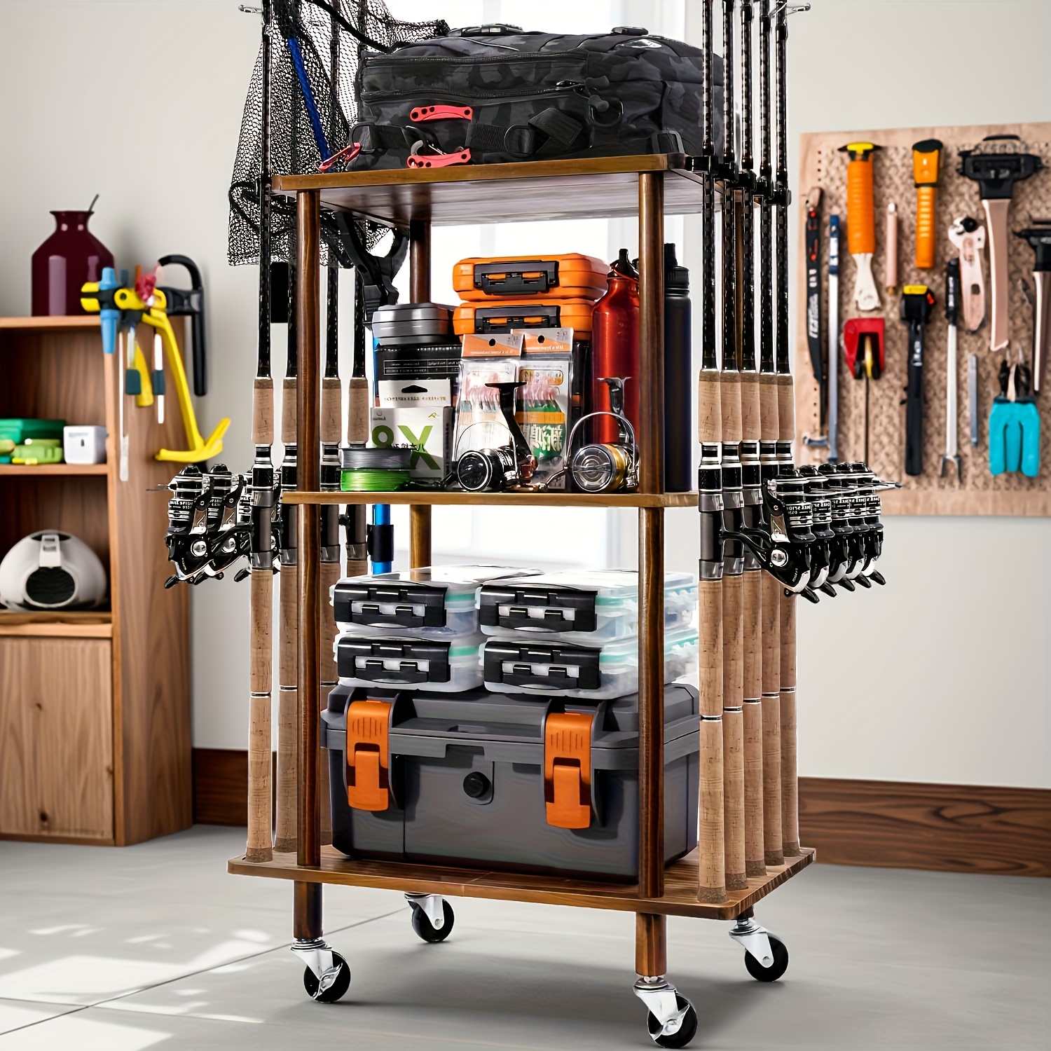 3-Tier Rolling Storage Cart with Wheels Heavy-Duty Wooden Frame,  Multi-Compartment Organizer for Fishing Gear, Bait, and Tackle Space-Sa