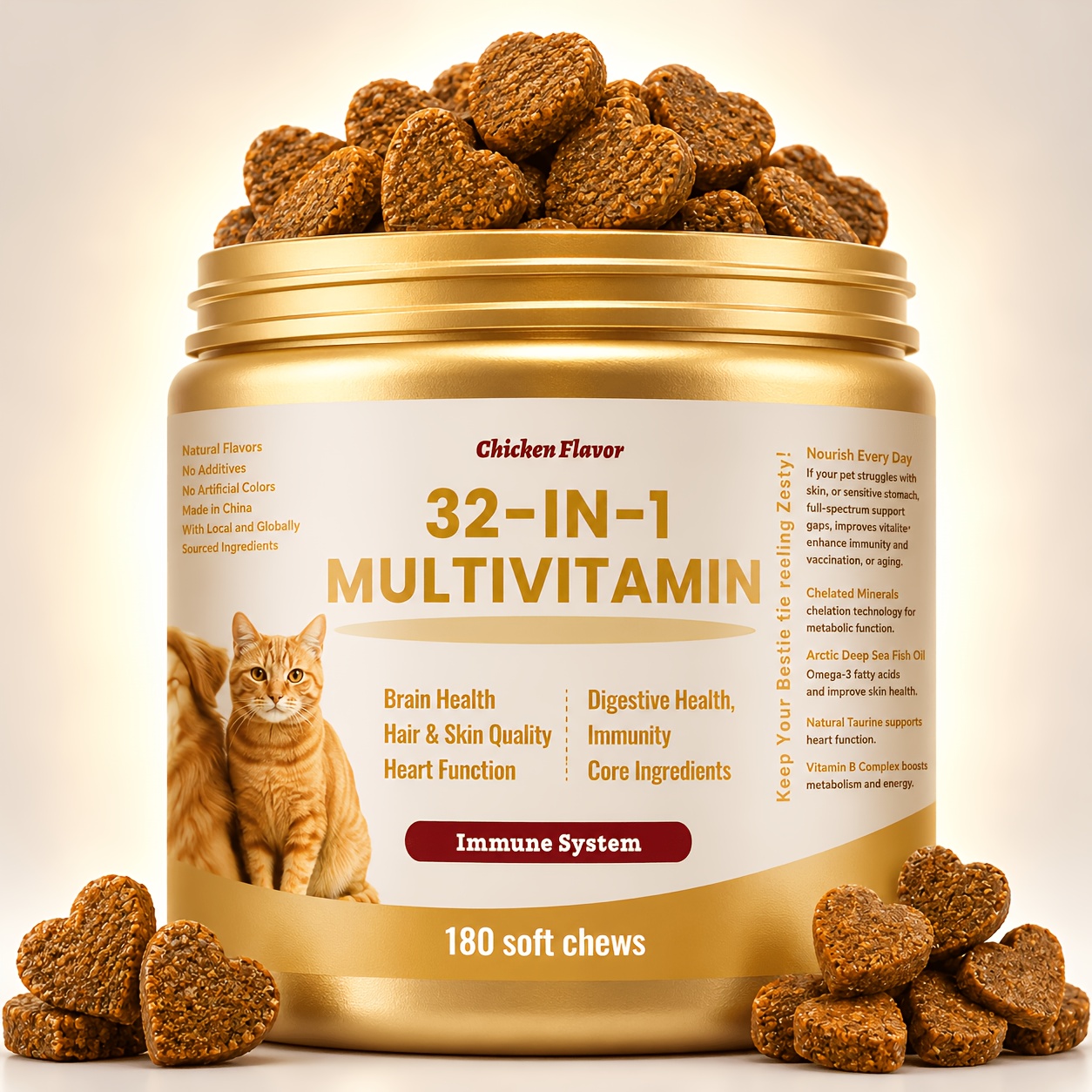 32-in-1 Pet Multivitamin For Dogs And Cats, Chicken Flavor Supplement, Support, Skin & Coat, Digestive Health, 180