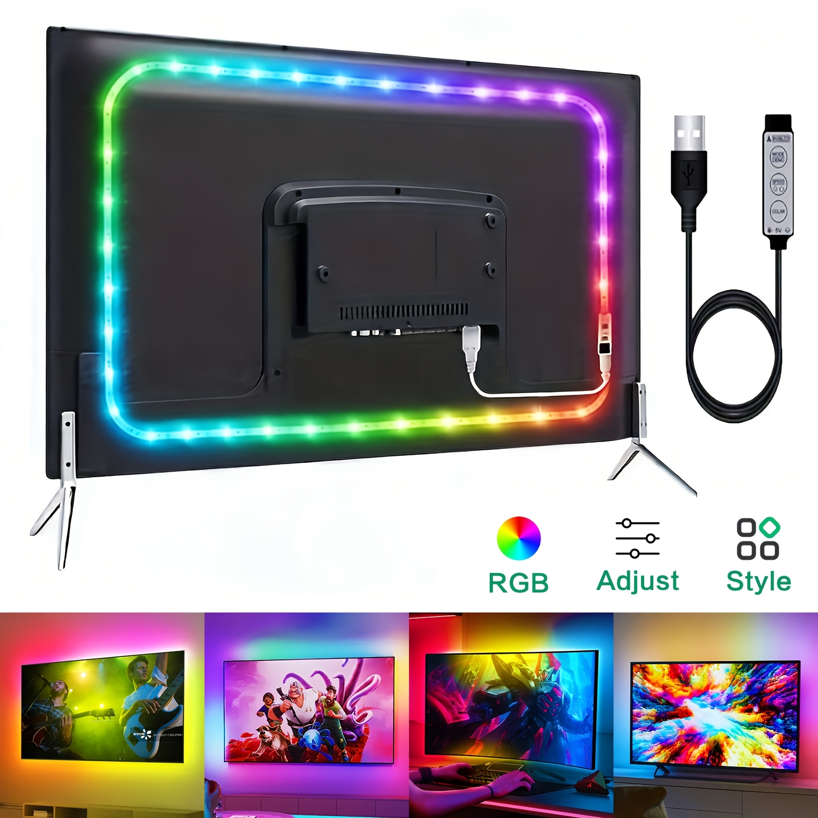 TEMU 1-5m Led Tv Backlight Strip, Flexible Rgb Light Strip, 5v With Three-button Control, Decorative String Lights For Rooms, Gifts For Festivals,