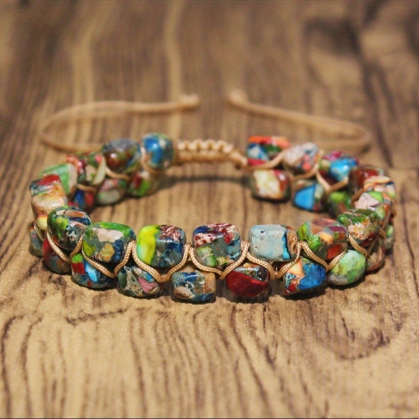E-shop Bohemian Doppelarmband aus Naturstein | 1 Stück Damenmode Handgewebtes Verstellbares Armband | Bunte Natursteine mit Nylonseil | Unisex Schmuck