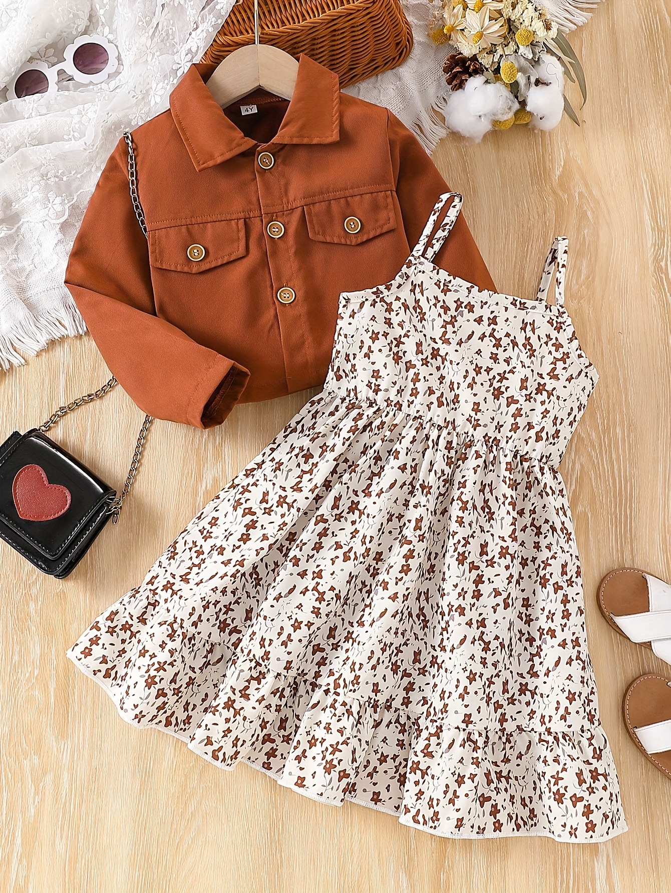 2pcs Young Girl Casual Solid Color Long Sleeve Short Shirt Button-Up Jacket  and Floral Print Dress Set Suitable for Spring/Summer Outdoor, Daily Wear, - Main Image