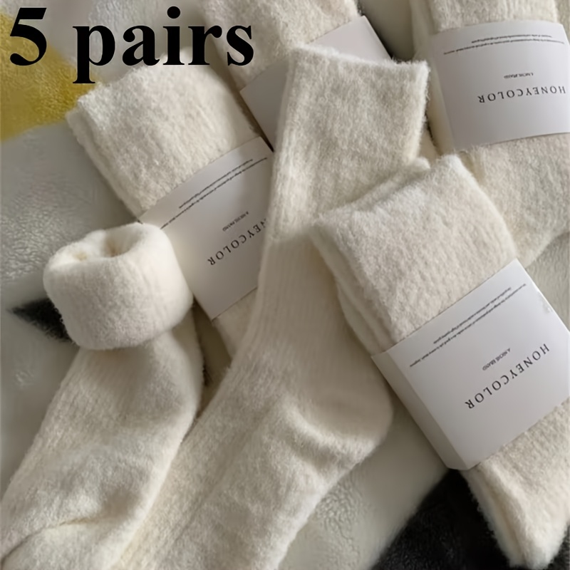 TEMU 5-pair Pack Of Cashmere Socks, Luxurious And Warm, Suitable For , White (beige) Winter Style. Soft Cashmere Sleep Socks Are Designed To To The
