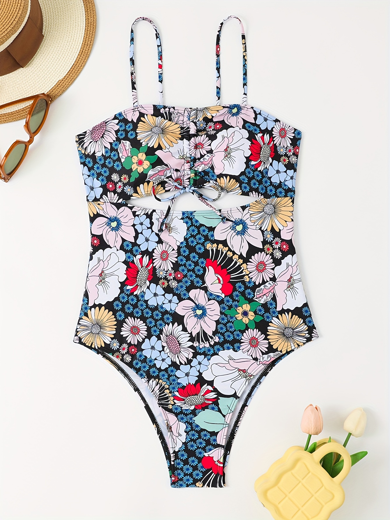 Floral Print Drawstring Halter 2 Piece Swimsuit, Tie Neck Backless High  Waist Tummy Control Stretchy Bathing Suit, Women's Swimwear & Clothing