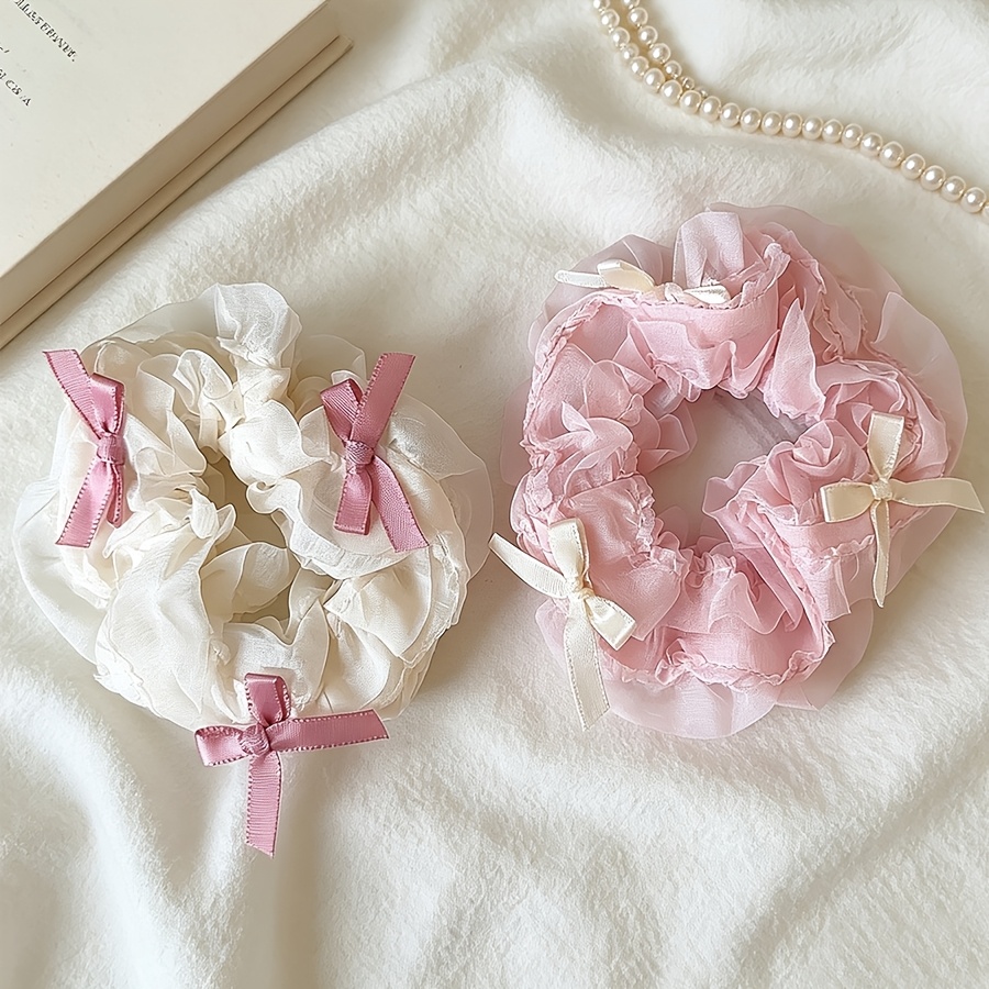 TEMU 2pcs Lace Bow Large Ponytail Scrunchies For Women, High-end Hair Ties, Ethereal Elastics For Ponytails, Simple And Elegant Hair Bands