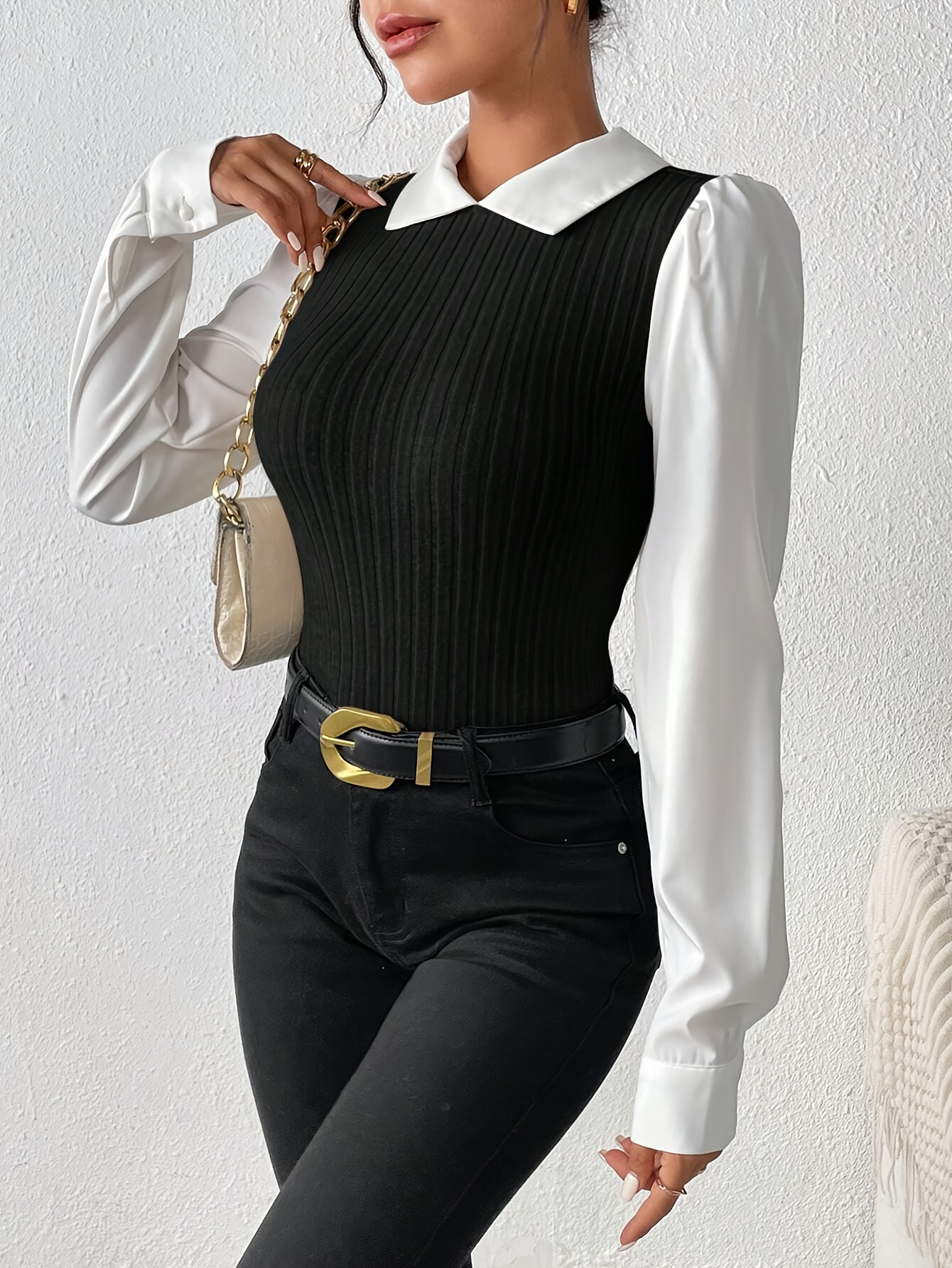 chemise décontractée pour femmes à manches longues - design du moyen- avec de couleur, tissu semi-transparent et col contrastant, lavable en machine & extensibilité moyenne pour automne/hiver, blouse à boutons à manches longues, haut détagement , tissu à extensibilité modérée Détails du produit 0