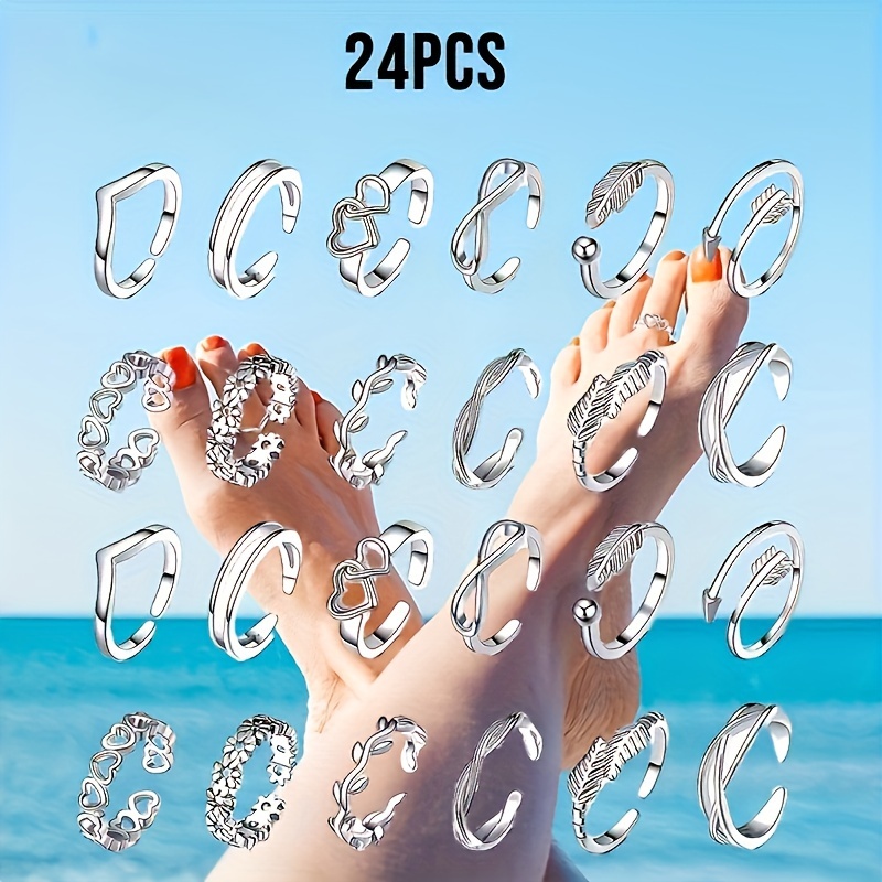 

Set Of 24 Toe Rings, Featuring Hollowed-out , Flower, , Silvery, , Open Rings