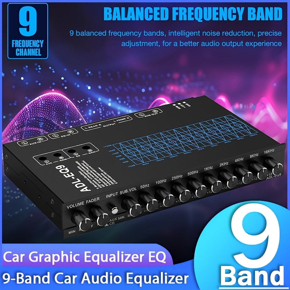TEMU 9-band Audio Equalizer - Graphic Equalizer Eq With Front, Rear + Auxiliary Output, 8v Rms , Adjustable Audio Output - For Cars, Boats - Suitable For Enhancing - Perfect Gift For Enthusiasts