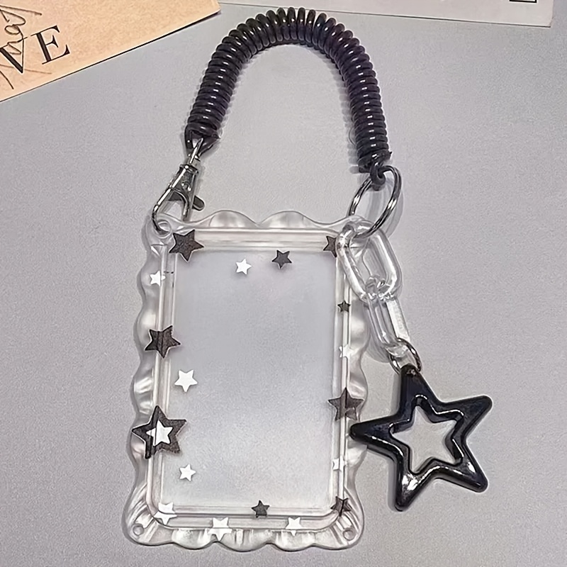 TEMU Porte-cartes 2D Ins en dentelle transparente avec pendentif étoile et ressort, pour carte d'étudiant, bus, métro, carte de repas et photocards