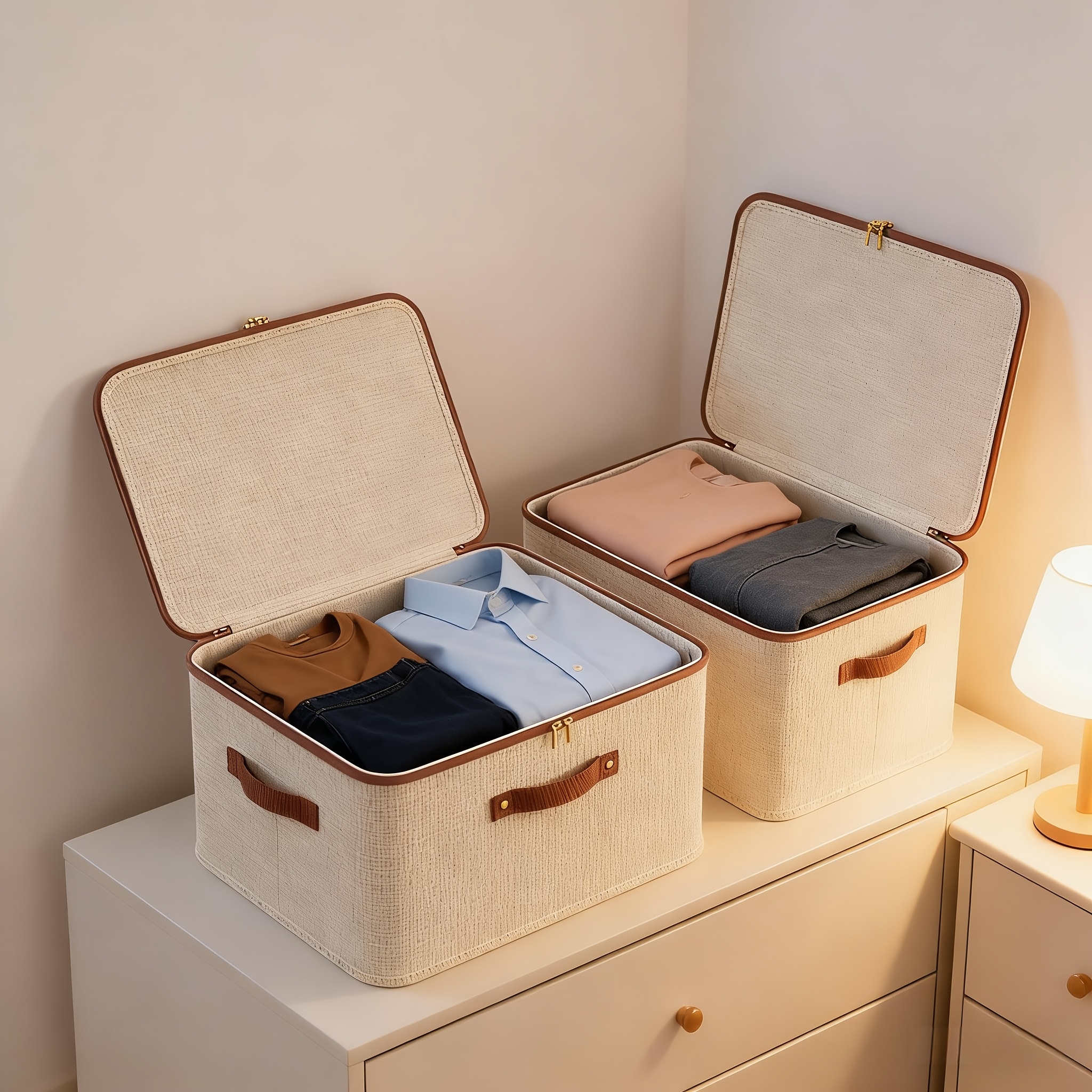 3pcs/Set Minimalist Beige Zipper Storage Box with Lid