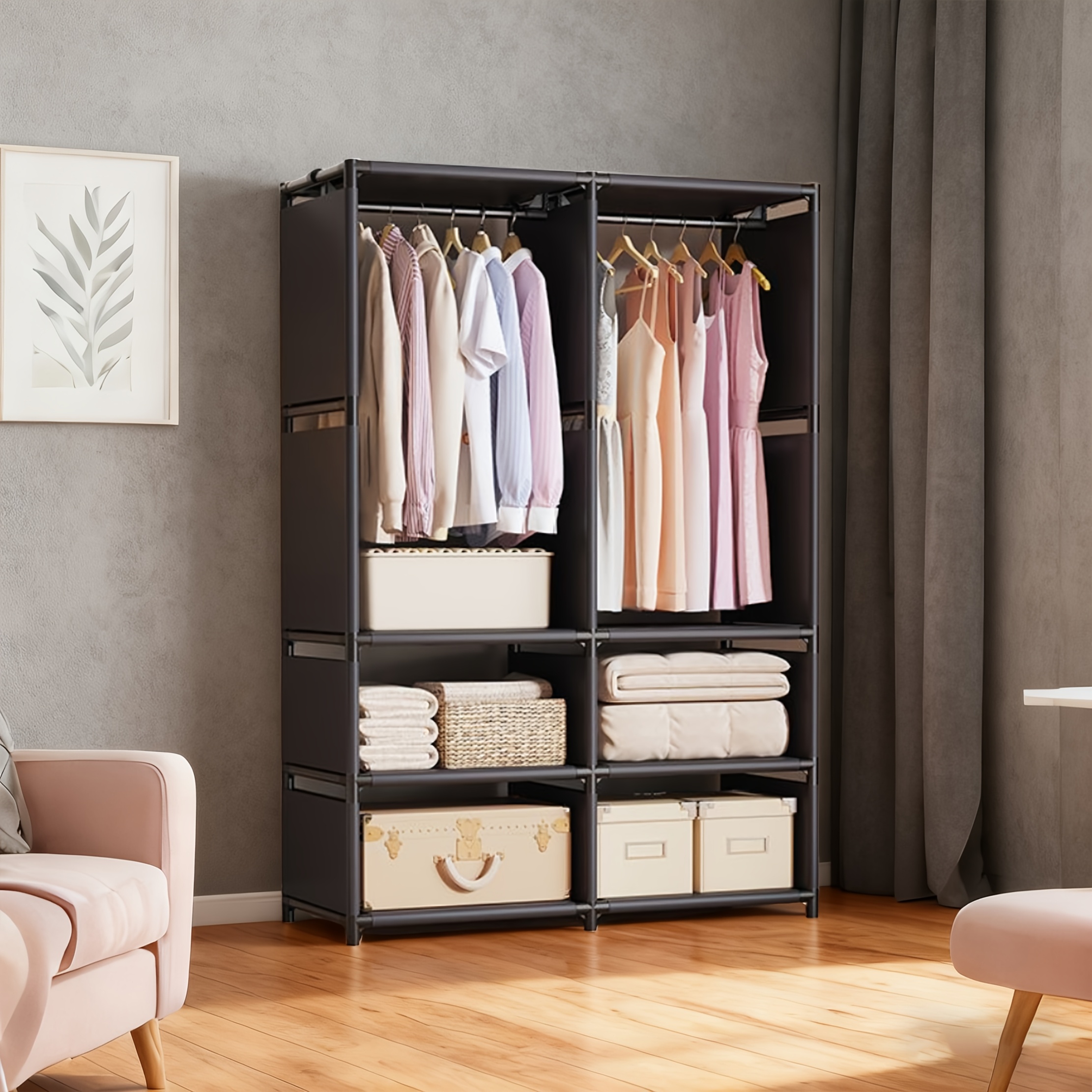 TEMU Heavy-duty Freestanding Wardrobe Cabinet With Thick Dustproof Design - Large Capacity Multi-tier Storage, Heavy-duty Plastic/metal Frame (1000