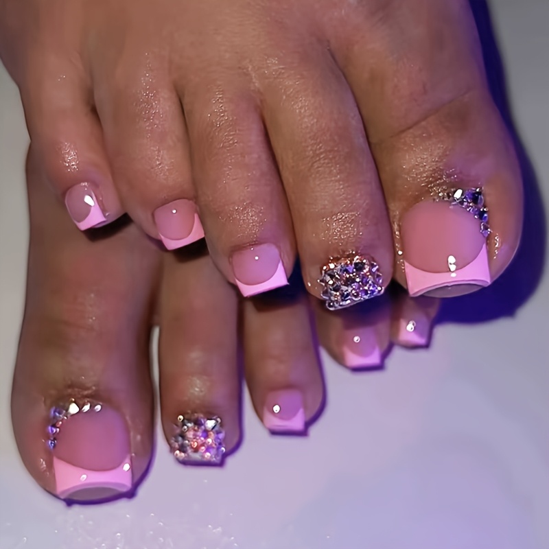 24pcs Short Square Press On Nails Pink Nail Tips Fake Nails With Glitter Accents Glossy End For Women And Toe Nails Perfect For Graduation Mother's Day Parties