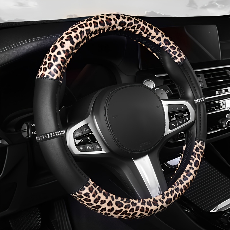 TEMU Klassische Leopard-Print Auto Lenkradabdeckung, Kunstleder, Eingefasst mit künstlichen Diamanten Patchwork Design, mit Innenring für bessere
