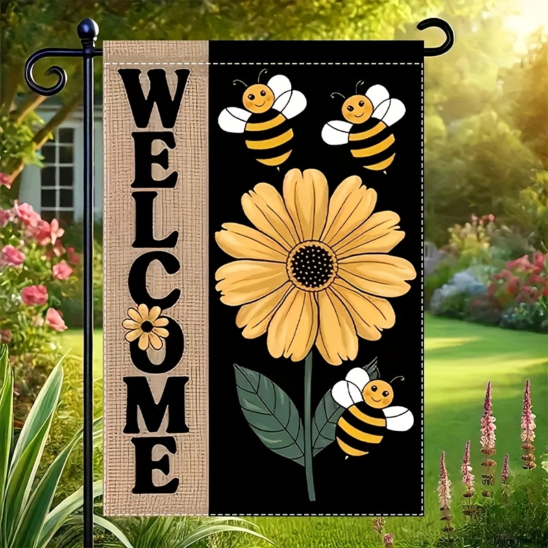 1pc Welcome Bee Wild Chrysanthemum Garden Flag, Suitable for Outdoor Courtyard Garden Lawn Decoration, 12x18 Inches