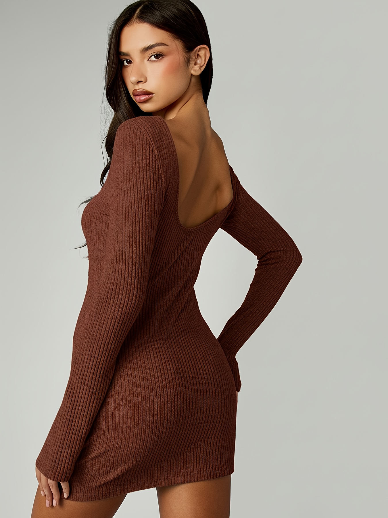 chinese dress ladies Light Brown Long Sleeve Soild Ribbed Knit Pleated Maxi Dress for Women  Light Brown Crew Neck Back Belt Slim Fit Striped Sweater Dress Light Brown  Stretchy Sexy Pencil Bodycon Long Dress at