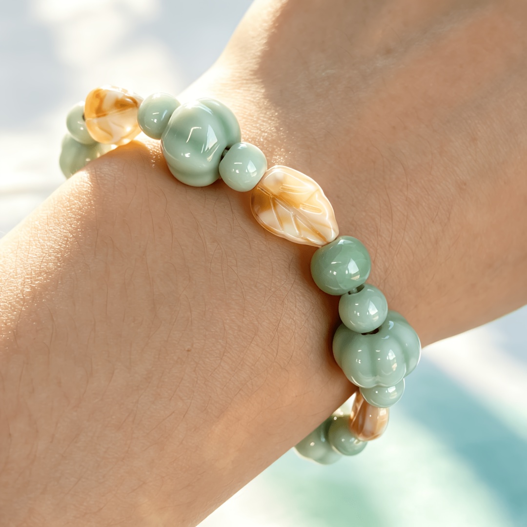 Celadon-Glazed Ceramic Pumpkin-Shaped Stretch Bracelet