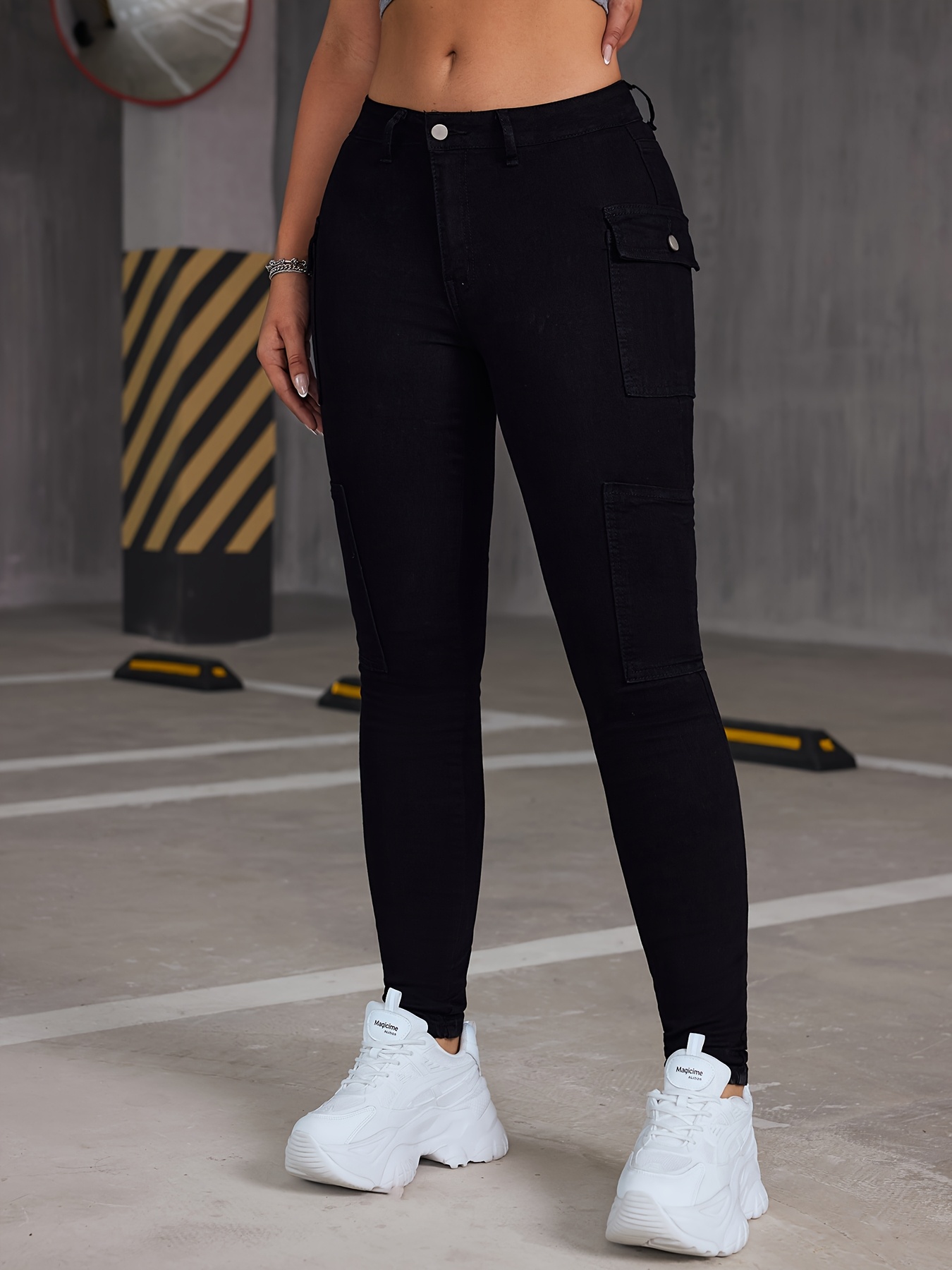 HOT Denim Leggings Cargo Tights Black Flap Pockets Skinny